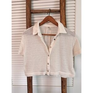 Mahina Cropped Knit Collared Shirt Short Sleeve Button Up Cream Women
